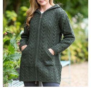 Irish Aran Hooded Coat Army Green 100% Merino Wool